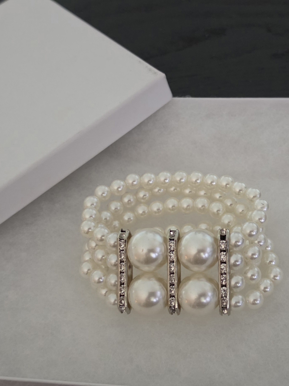 Imitation-Classic Pearl Wrap Bracelet with Crystal Accents - White